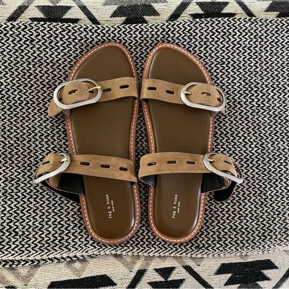 RAG & BONE ANSLEY DOUBLE SUEDE STRAP LEATHER SLIDE TAN SILVER
BUCKLES Sz-39/9 - Picture 3 of 9